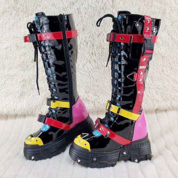 Space Cookies Hidden Wedge Platform Color Block Festival Punk Knee Boots - Picture 3 of 11